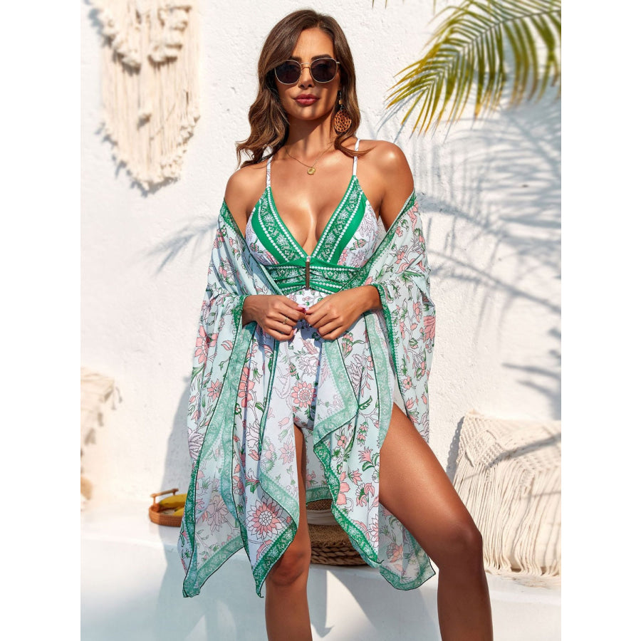 Printed Plunge One - Piece Swimwear and Cover - Up Set Turquoise / S Apparel Accessories