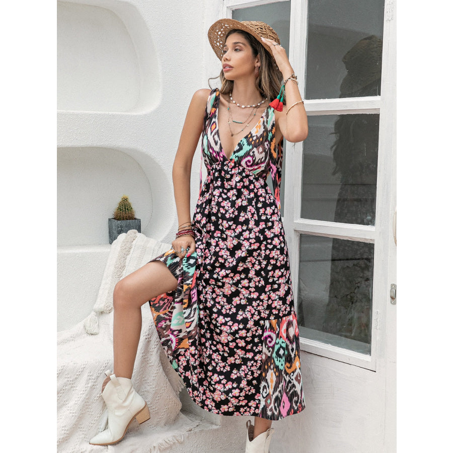 Printed Plunge Sleeveless Midi Dress Apparel and Accessories