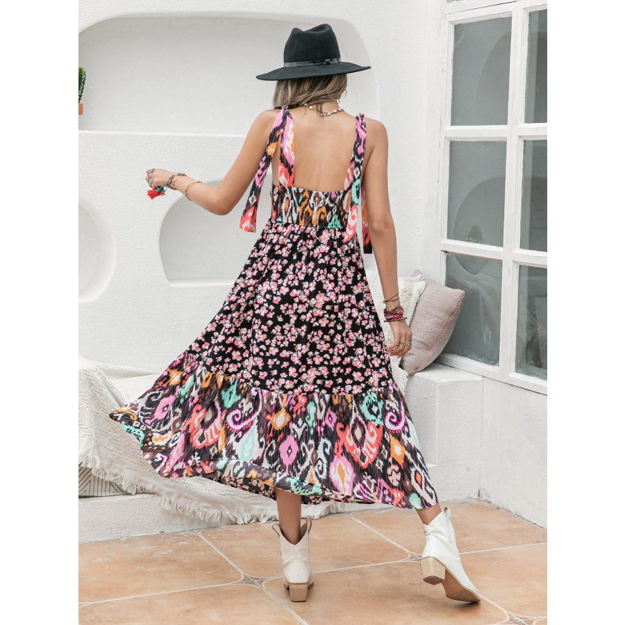 Printed Plunge Sleeveless Midi Dress Apparel and Accessories