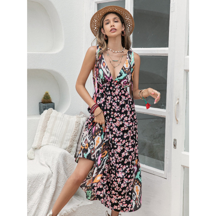 Printed Plunge Sleeveless Midi Dress Apparel and Accessories