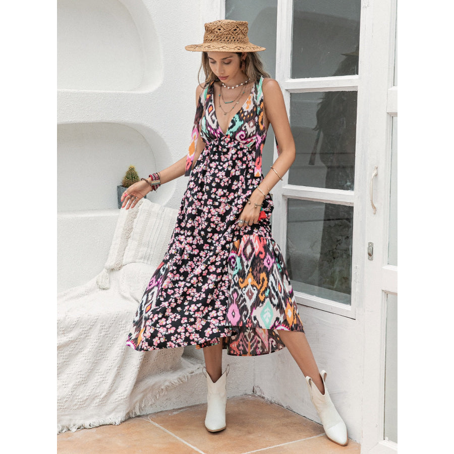 Printed Plunge Sleeveless Midi Dress Black / S Apparel and Accessories