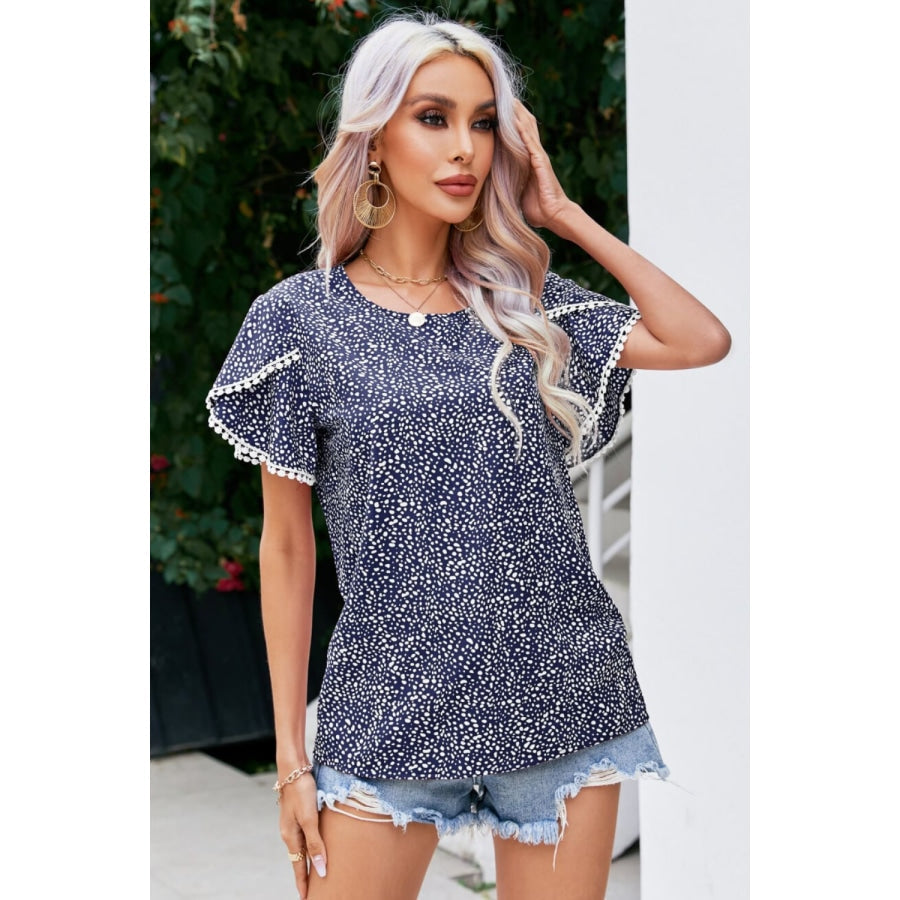 Printed Pom Pom Detail Petal Sleeve Blouse Navy / S