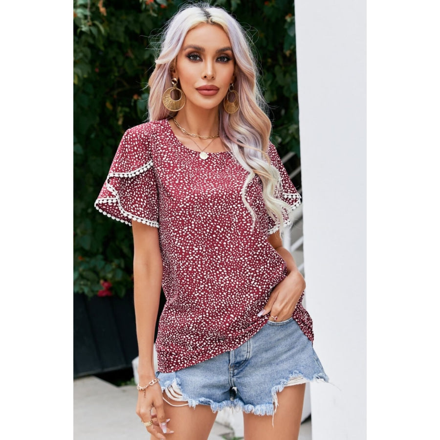 Printed Pom Pom Detail Petal Sleeve Blouse