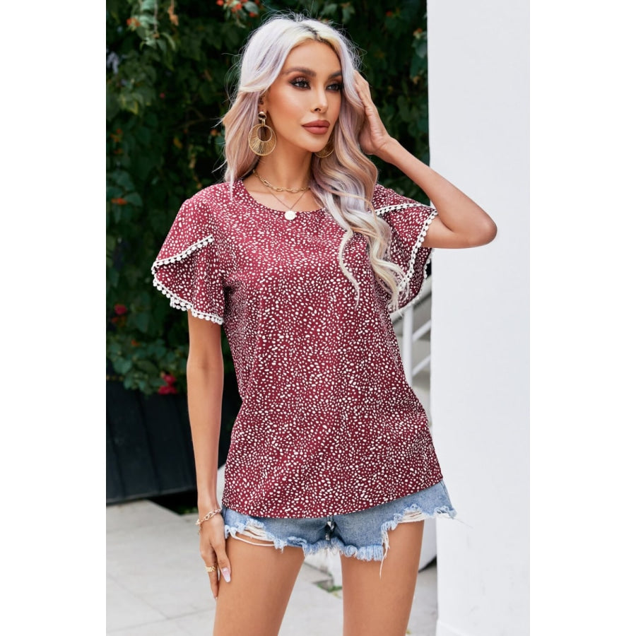 Printed Pom Pom Detail Petal Sleeve Blouse Wine / S