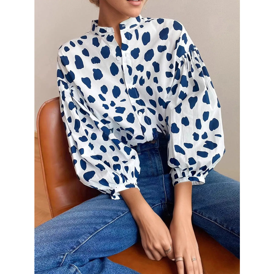 Printed Puff Sleeve Button-Down Shirt Blue / XS Apparel and Accessories
