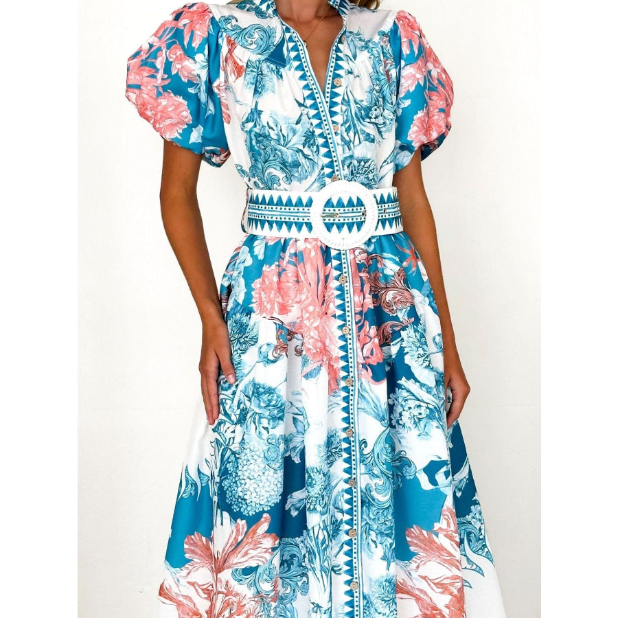 Printed Puff Sleeve Midi Dress Apparel and Accessories