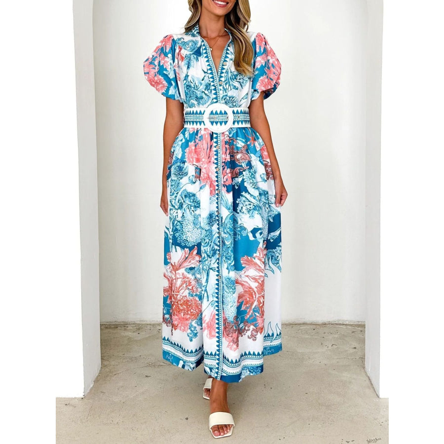 Printed Puff Sleeve Midi Dress Apparel and Accessories