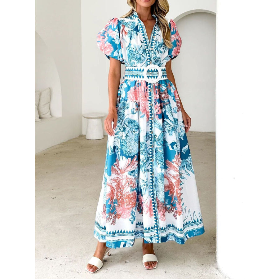 Printed Puff Sleeve Midi Dress Apparel and Accessories