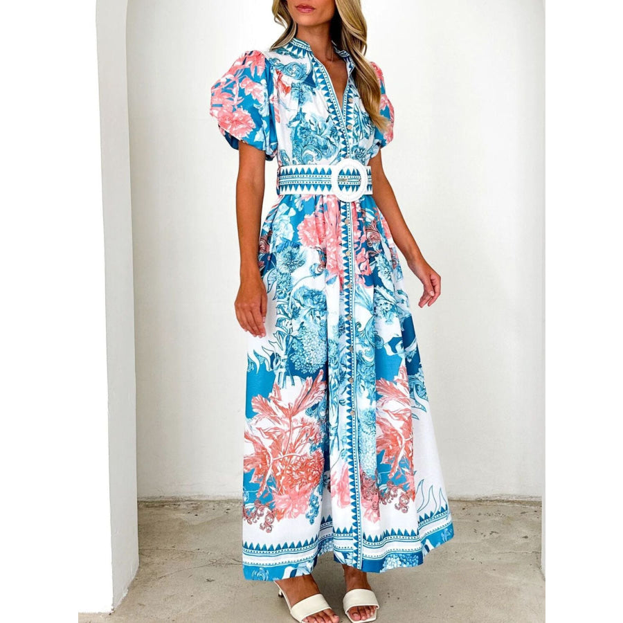 Printed Puff Sleeve Midi Dress Blue / S Apparel and Accessories