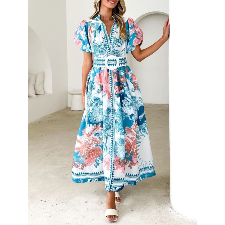 Printed Puff Sleeve Midi Dress Blue / S Apparel and Accessories