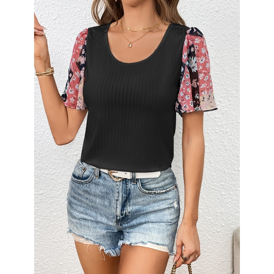 Printed Puff Sleeve Round Neck Tee Black / S