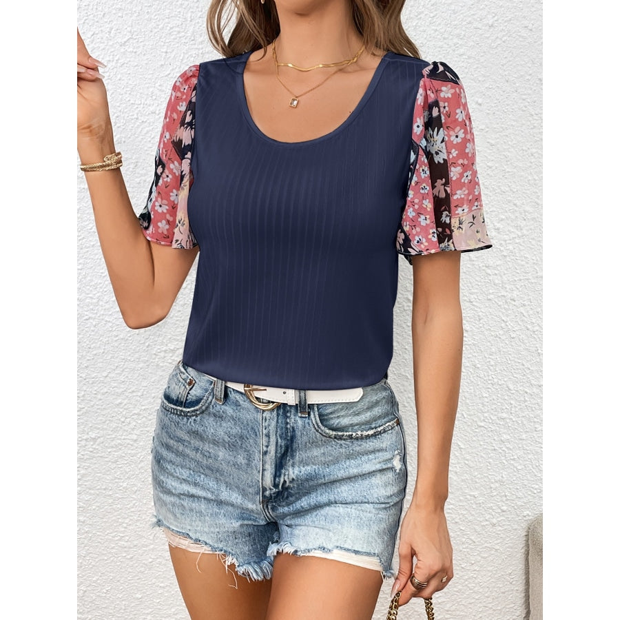 Printed Puff Sleeve Round Neck Tee Navy / S