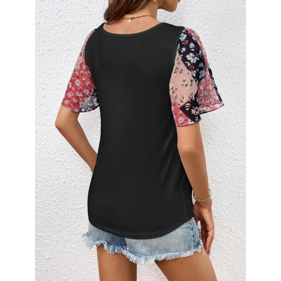 Printed Puff Sleeve Round Neck Tee Black / S