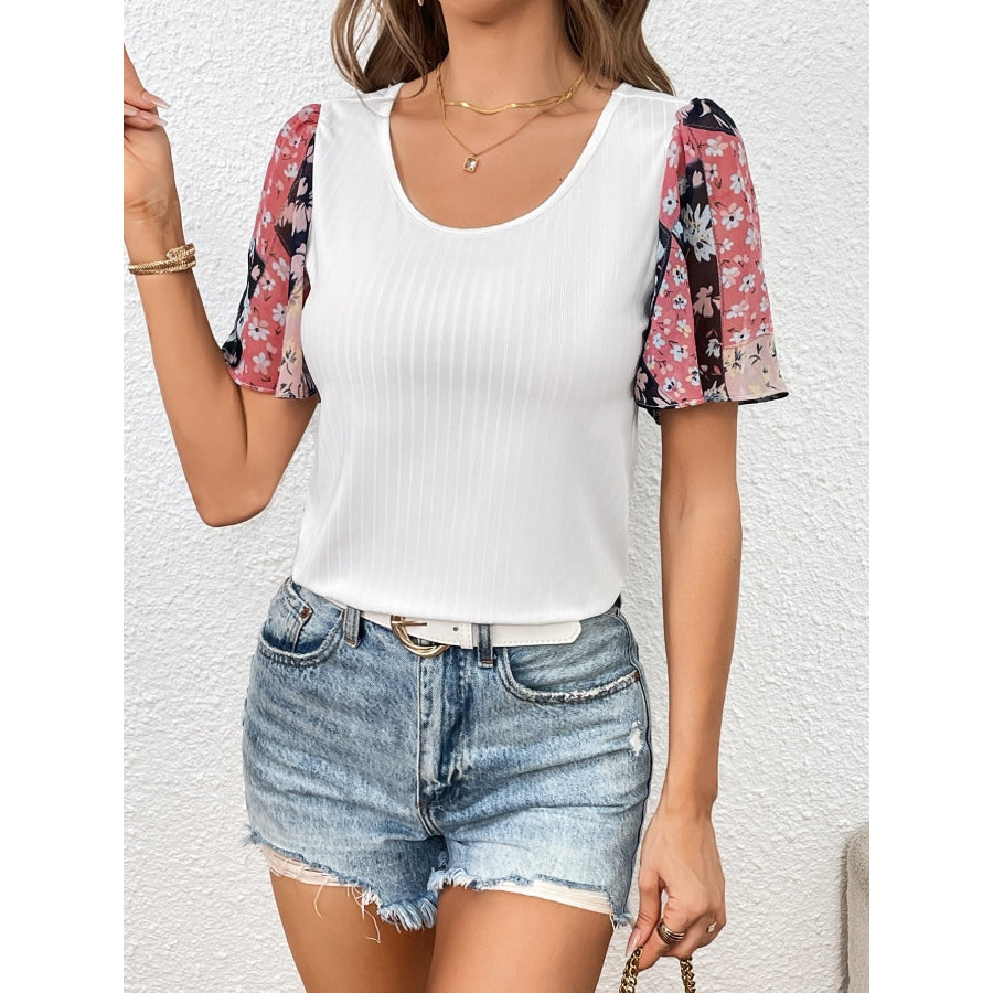 Printed Puff Sleeve Round Neck Tee White / S