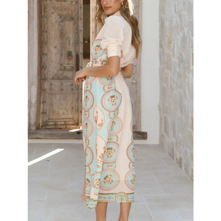 Printed Puff Sleeve Tie Waist Midi Dress Apparel and Accessories