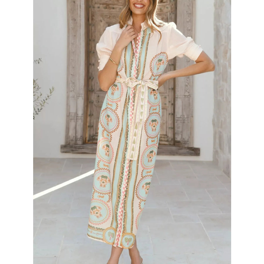 Printed Puff Sleeve Tie Waist Midi Dress Apparel and Accessories