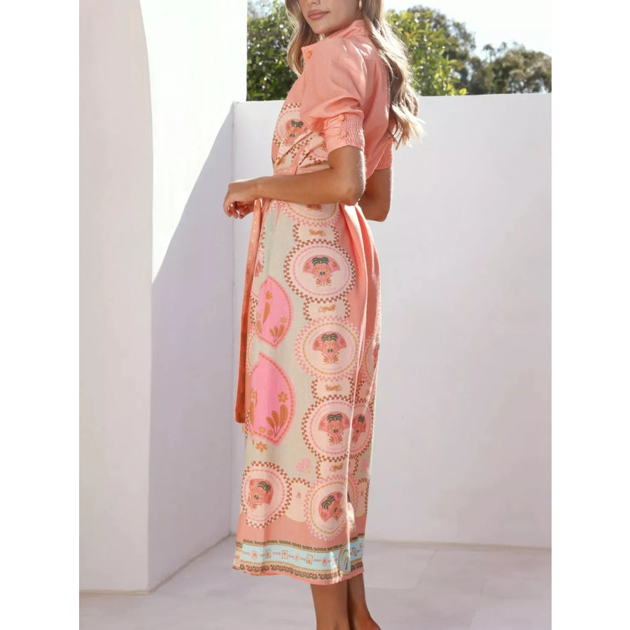 Printed Puff Sleeve Tie Waist Midi Dress Apparel and Accessories
