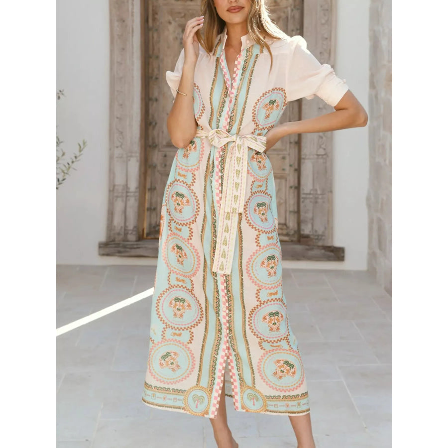 Printed Puff Sleeve Tie Waist Midi Dress Apparel and Accessories