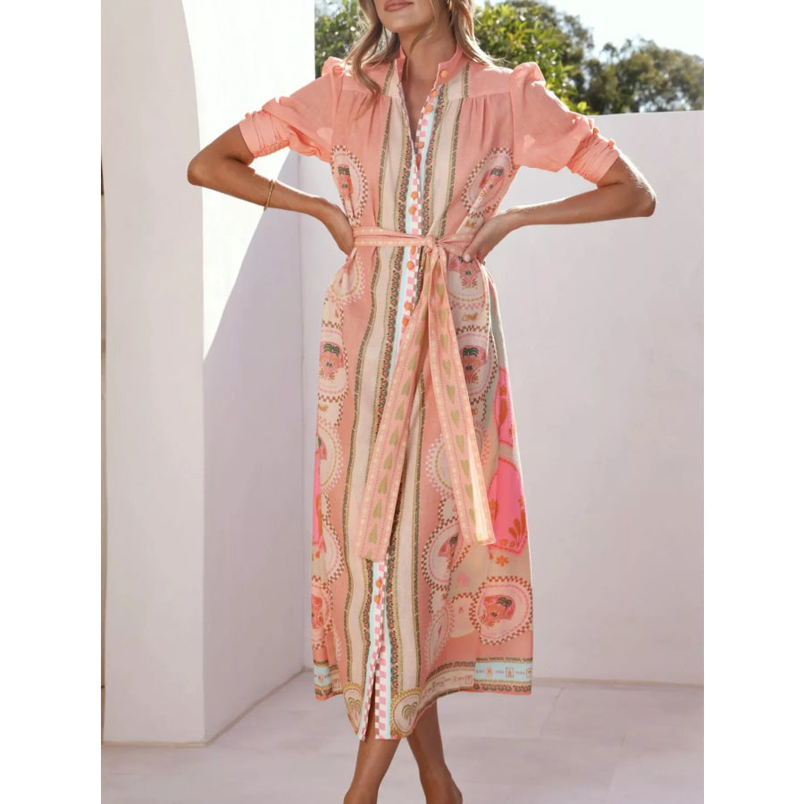 Printed Puff Sleeve Tie Waist Midi Dress Apparel and Accessories