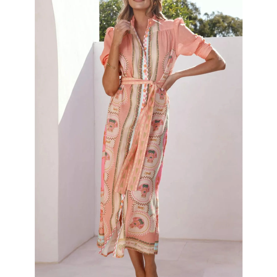 Printed Puff Sleeve Tie Waist Midi Dress Apparel and Accessories