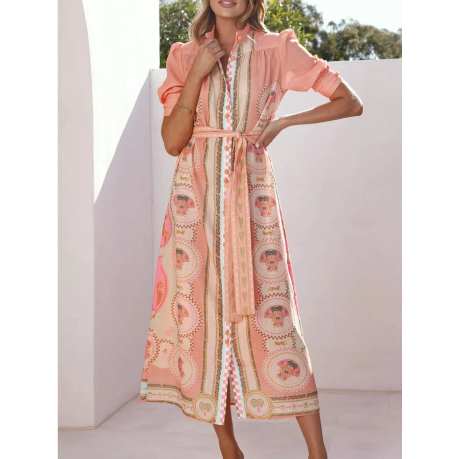 Printed Puff Sleeve Tie Waist Midi Dress Apparel and Accessories