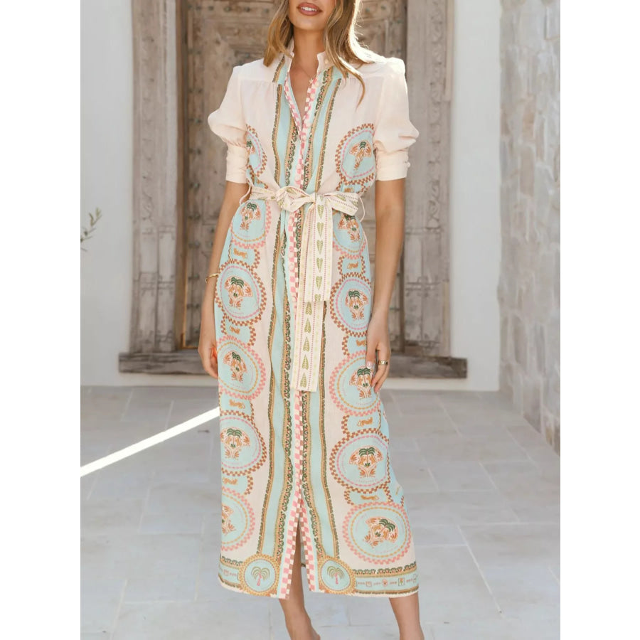 Printed Puff Sleeve Tie Waist Midi Dress Apparel and Accessories