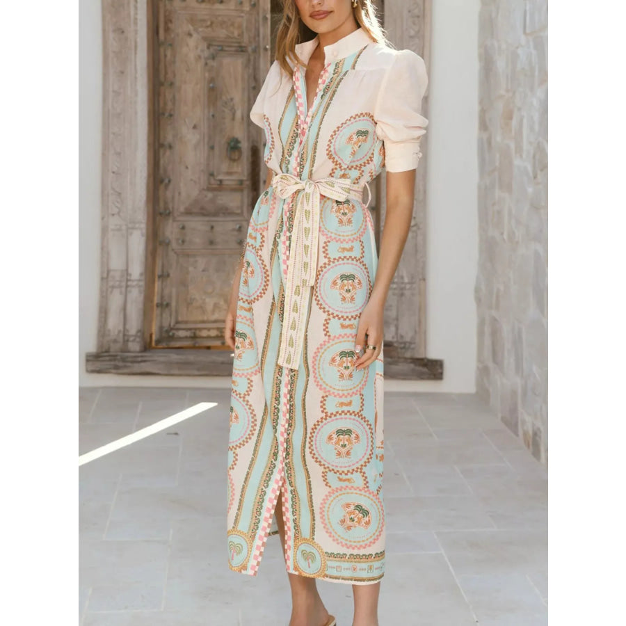 Printed Puff Sleeve Tie Waist Midi Dress Apparel and Accessories