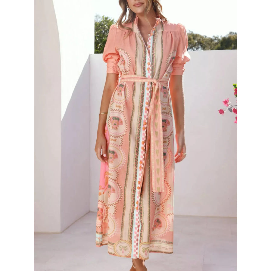 Printed Puff Sleeve Tie Waist Midi Dress Apparel and Accessories