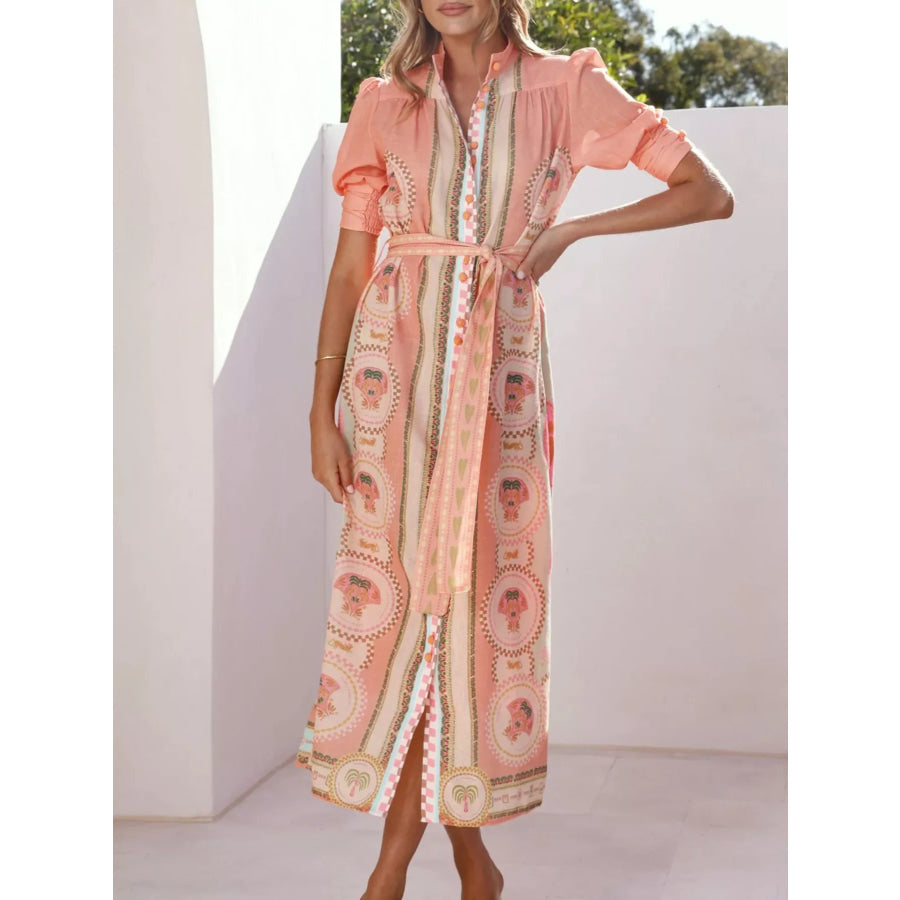 Printed Puff Sleeve Tie Waist Midi Dress Apparel and Accessories