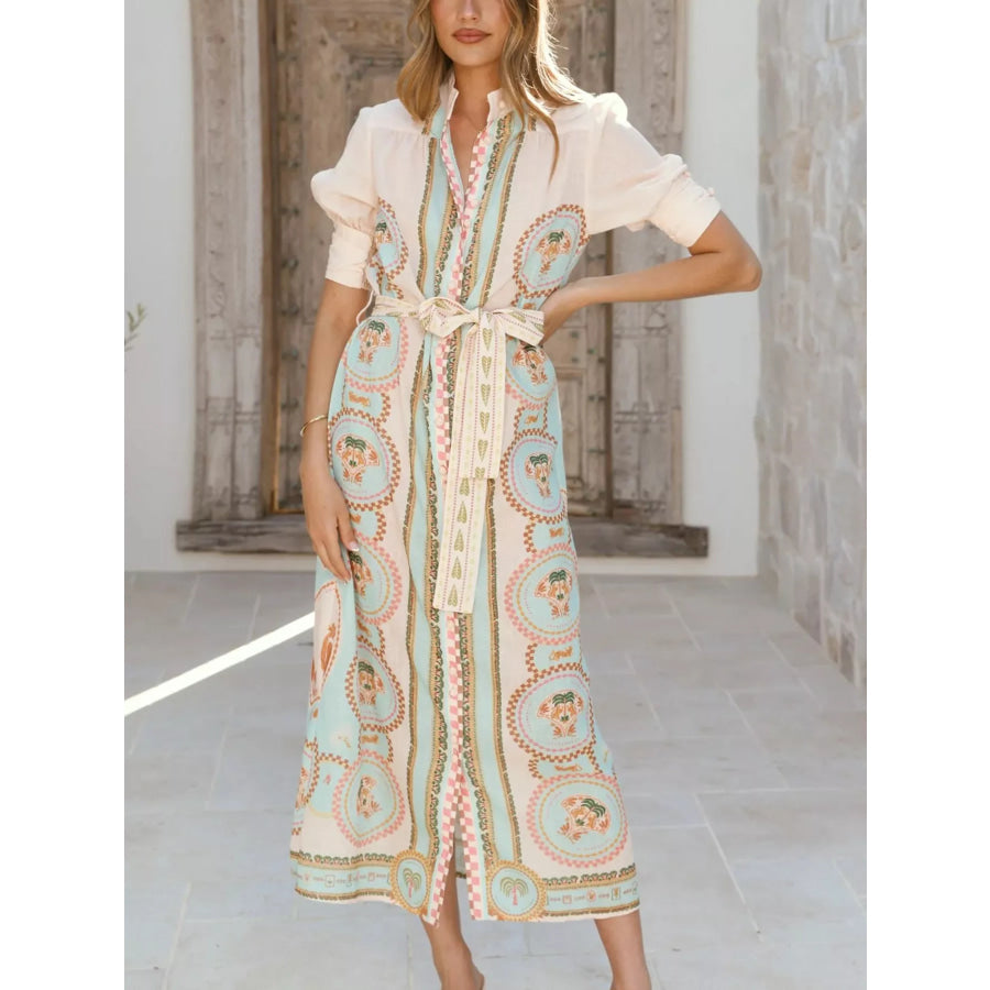 Printed Puff Sleeve Tie Waist Midi Dress Apricot / S Apparel and Accessories