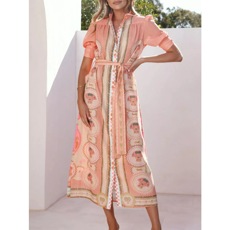 Printed Puff Sleeve Tie Waist Midi Dress Orange Red / S Apparel and Accessories