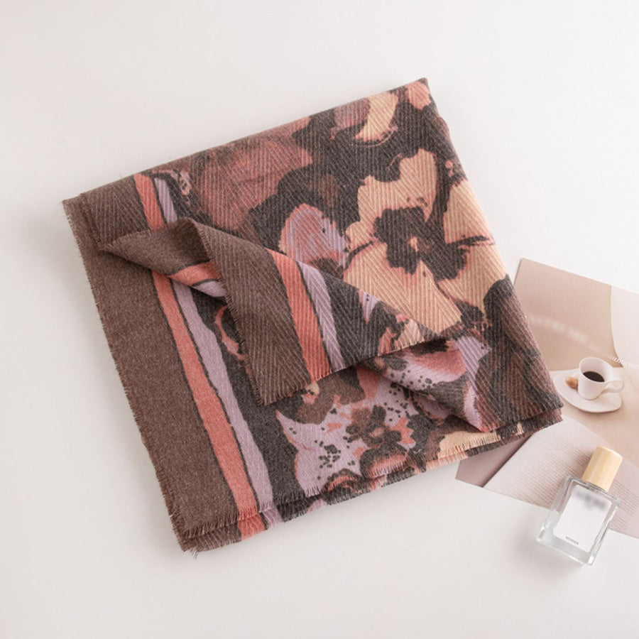 Printed Raw Hem Polyester Scarf Brown / One Size Apparel and Accessories