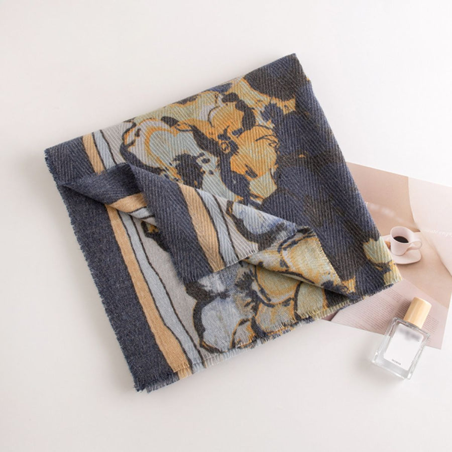 Printed Raw Hem Polyester Scarf Dark Blue / One Size Apparel and Accessories