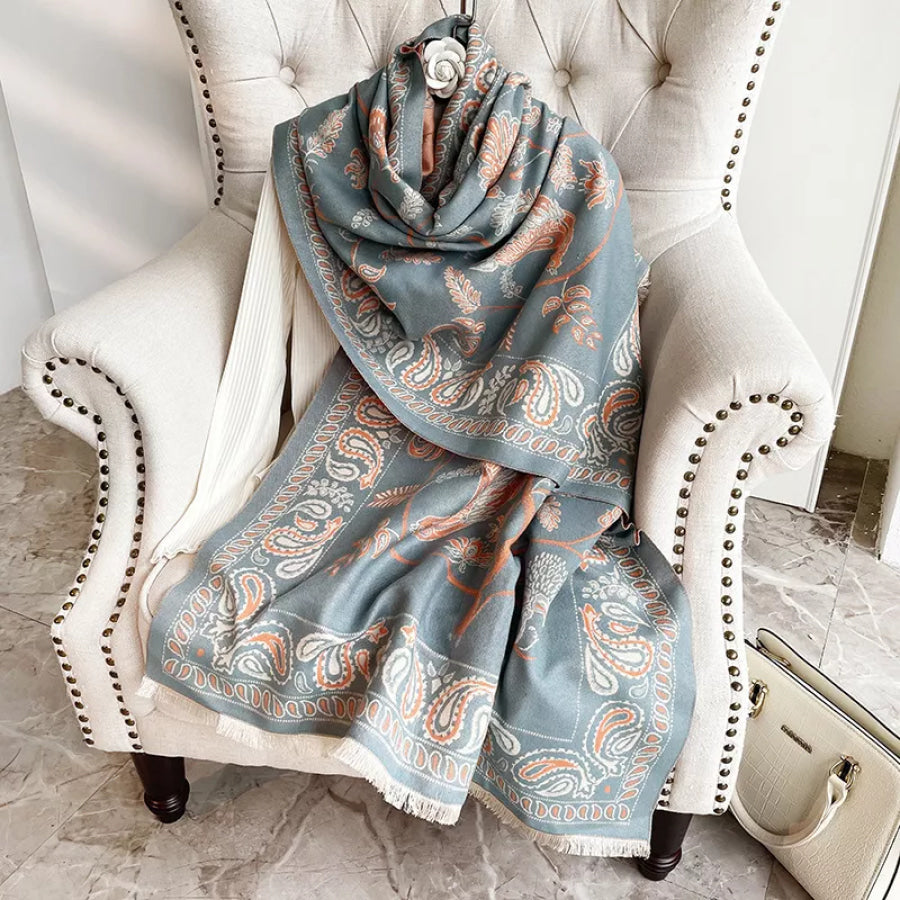 Printed Raw Hem Scarf Blue / One Size Apparel and Accessories