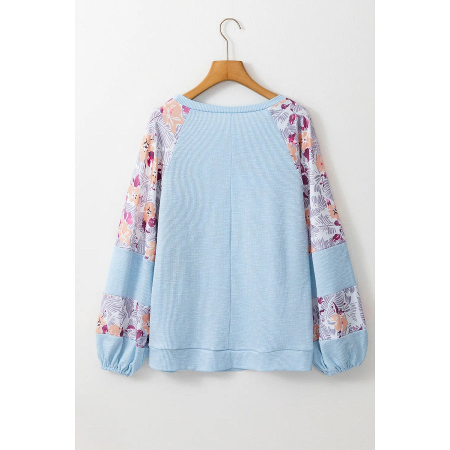 Printed Round Neck Balloon Sleeve Blouse Apparel and Accessories