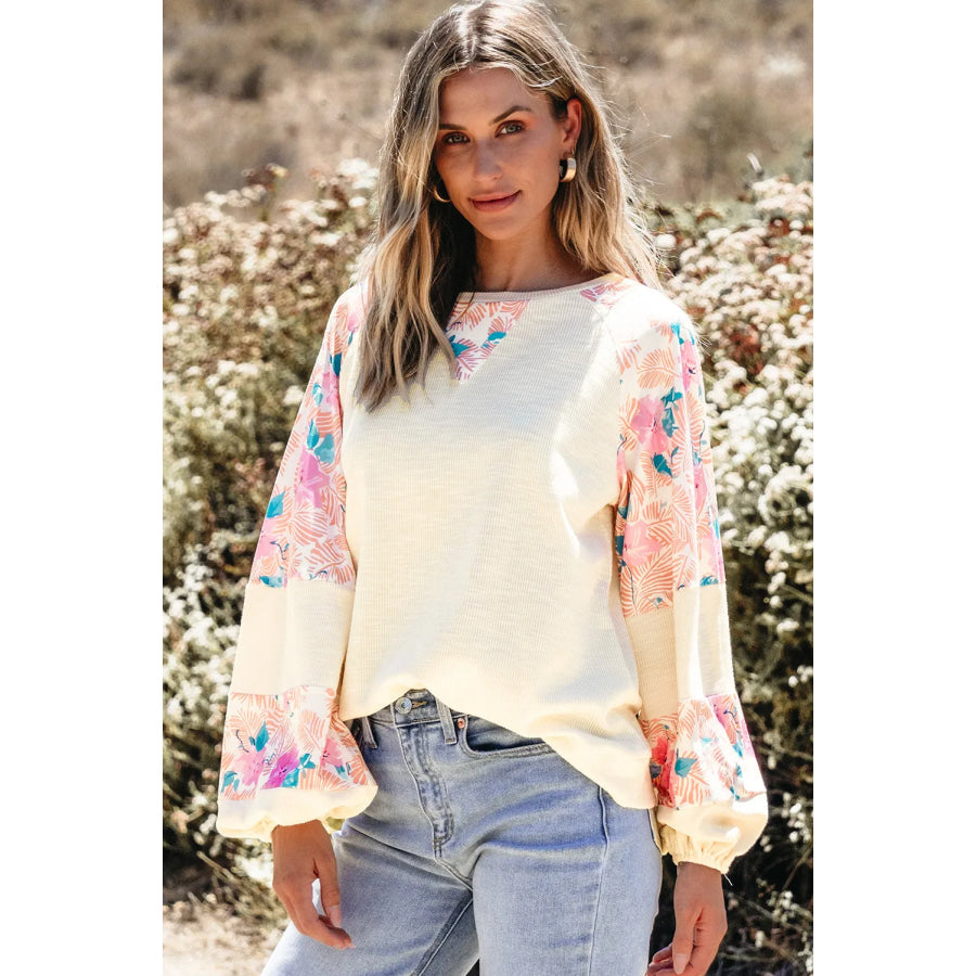 Printed Round Neck Balloon Sleeve Blouse Apparel and Accessories