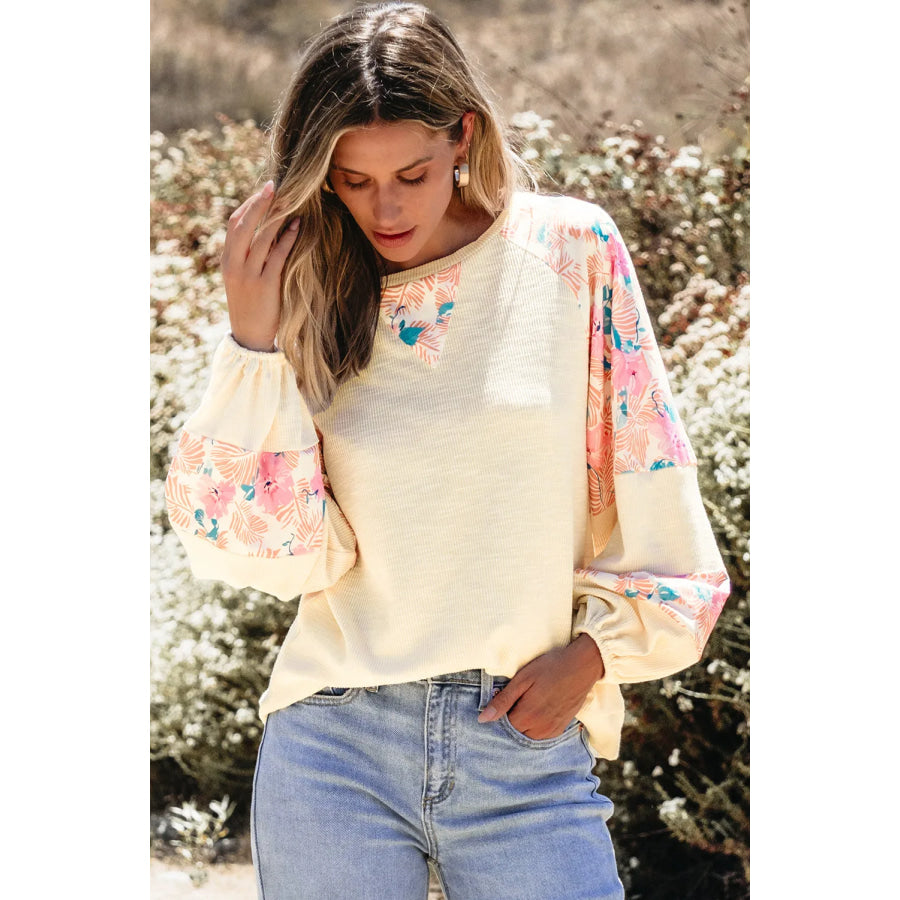 Printed Round Neck Balloon Sleeve Blouse Apparel and Accessories