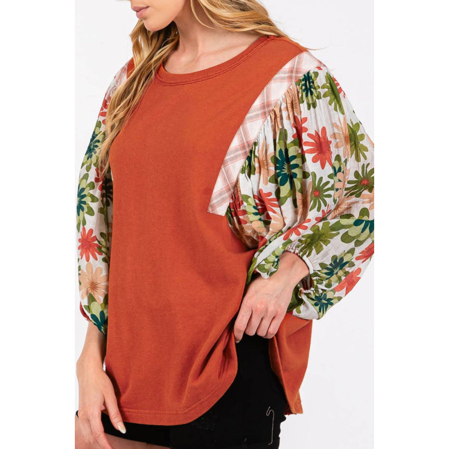 Printed Round Neck Balloon Sleeve Blouse Apparel and Accessories