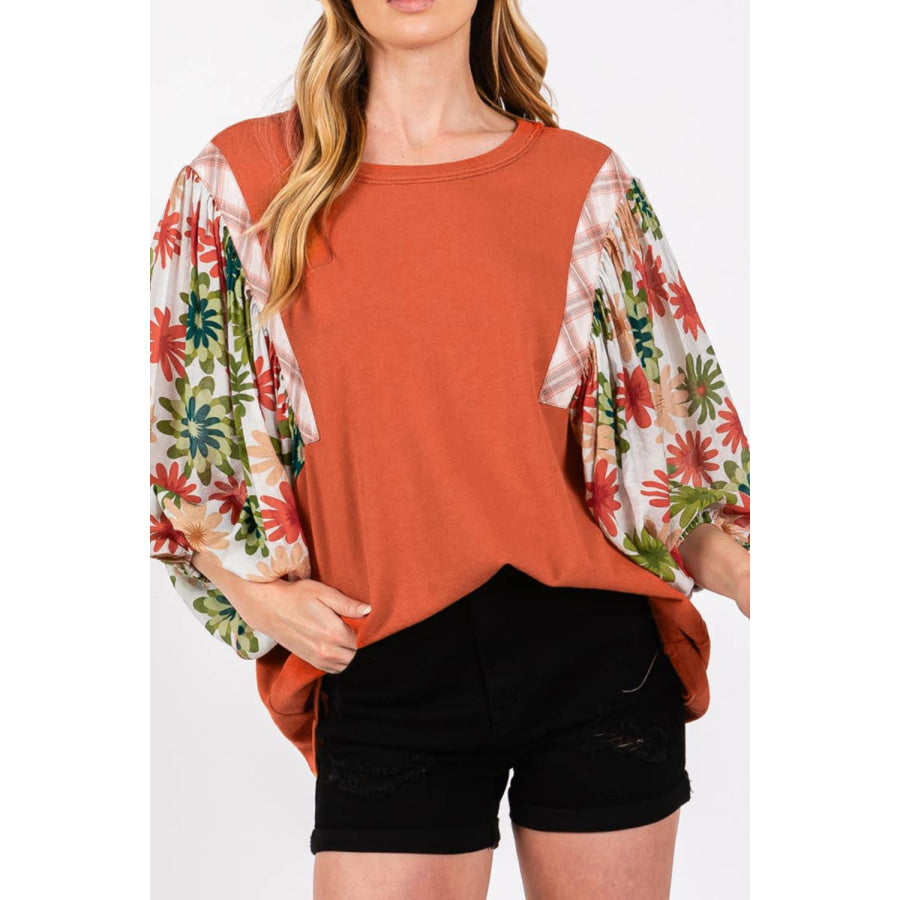 Printed Round Neck Balloon Sleeve Blouse Apparel and Accessories