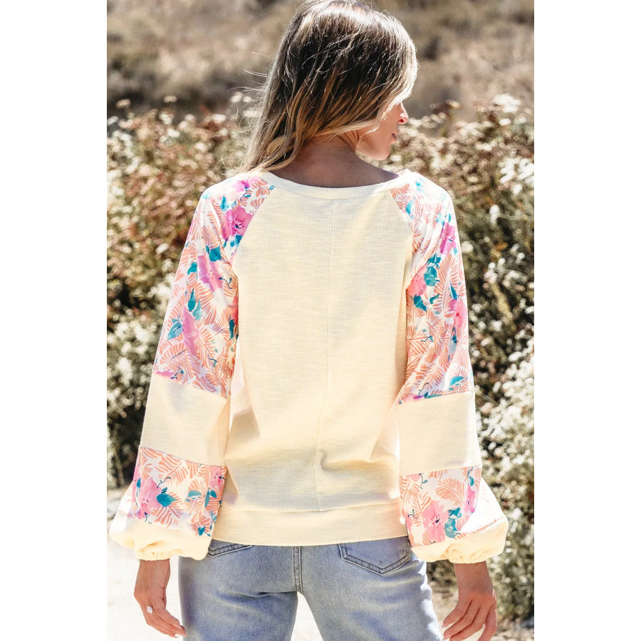 Printed Round Neck Balloon Sleeve Blouse Apparel and Accessories