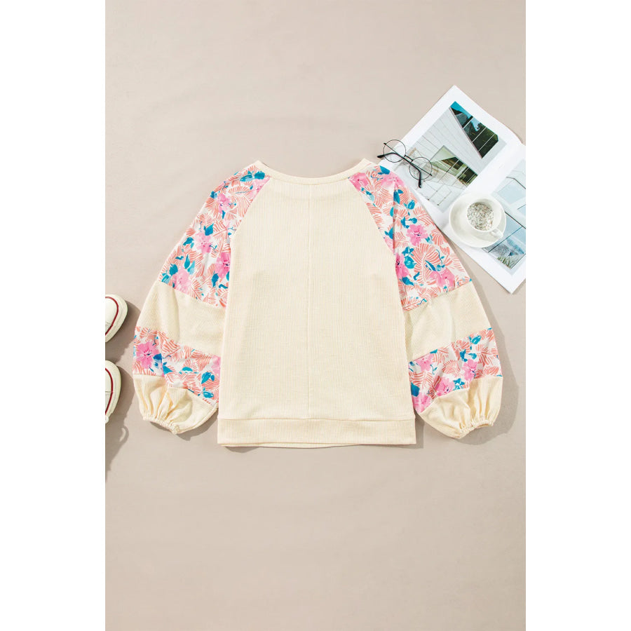 Printed Round Neck Balloon Sleeve Blouse Apparel and Accessories