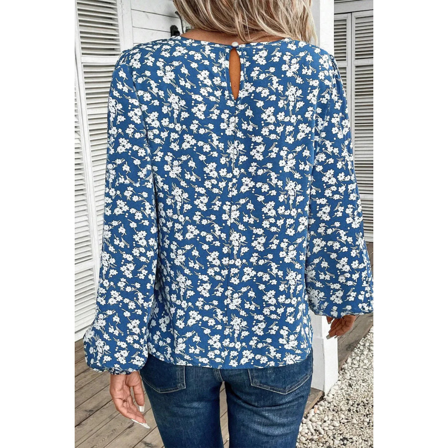 Printed Round Neck Balloon Sleeve Blouse Apparel and Accessories