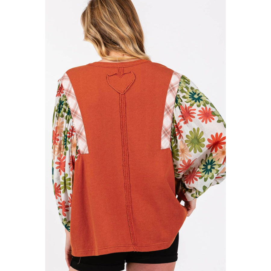 Printed Round Neck Balloon Sleeve Blouse Orange-Red / S Apparel and Accessories