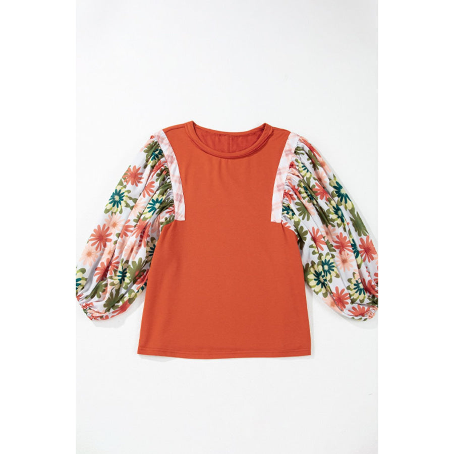 Printed Round Neck Balloon Sleeve Blouse Apparel and Accessories