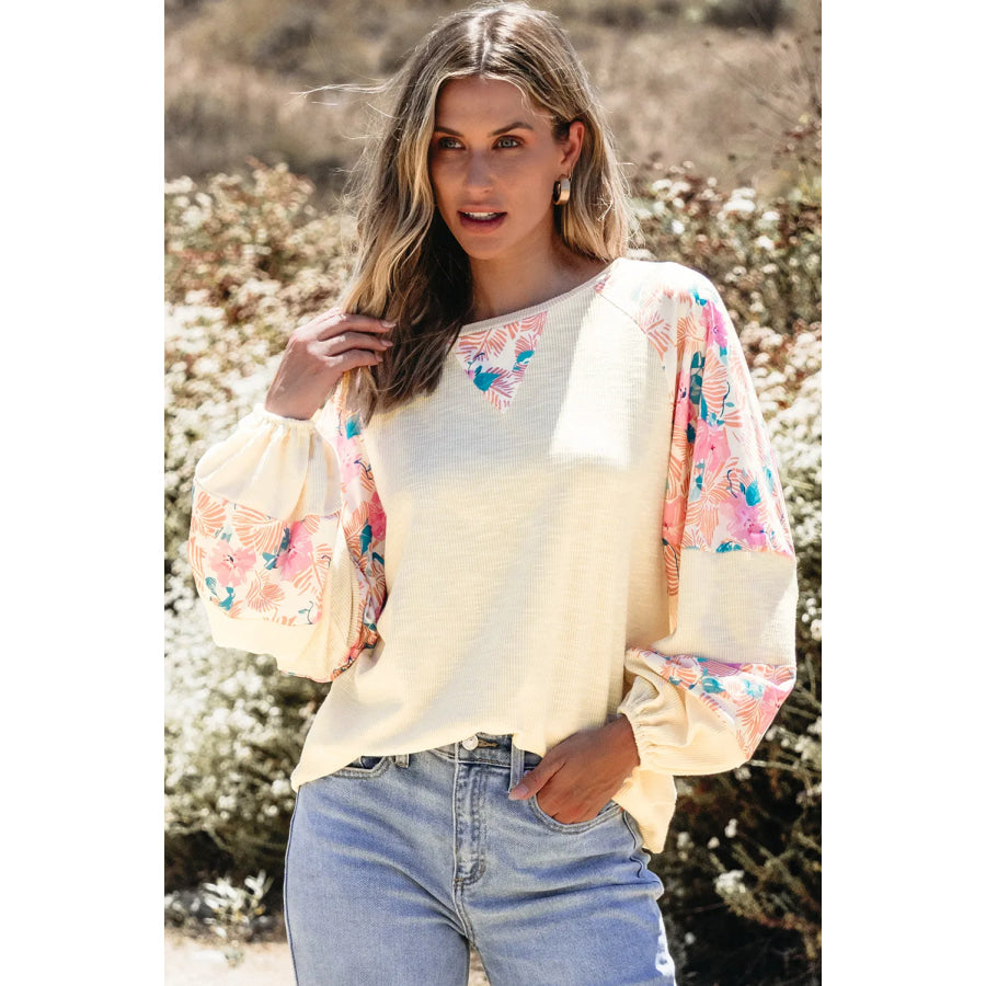 Printed Round Neck Balloon Sleeve Blouse Apparel and Accessories