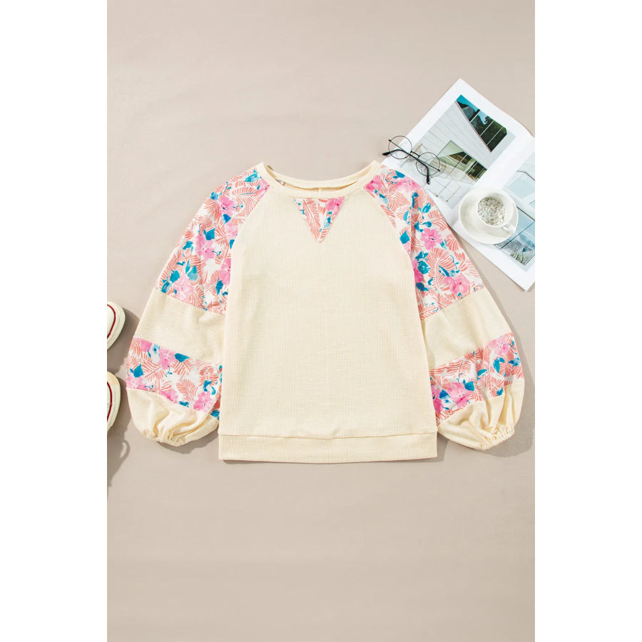 Printed Round Neck Balloon Sleeve Blouse Apparel and Accessories