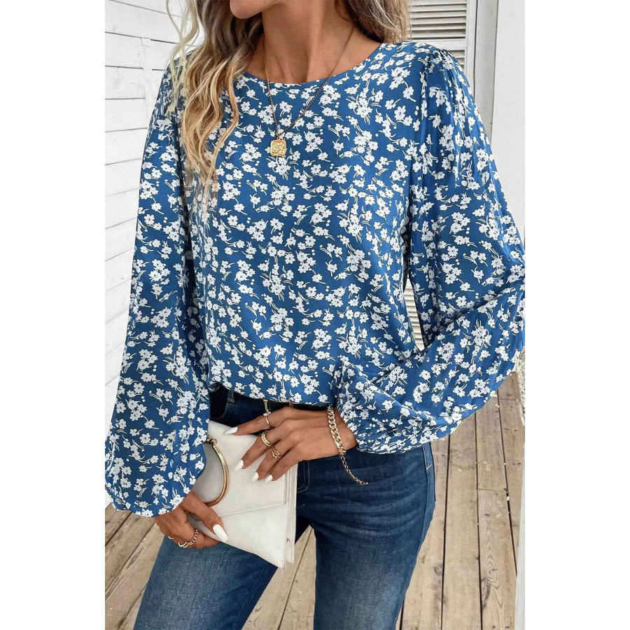 Printed Round Neck Balloon Sleeve Blouse Apparel and Accessories