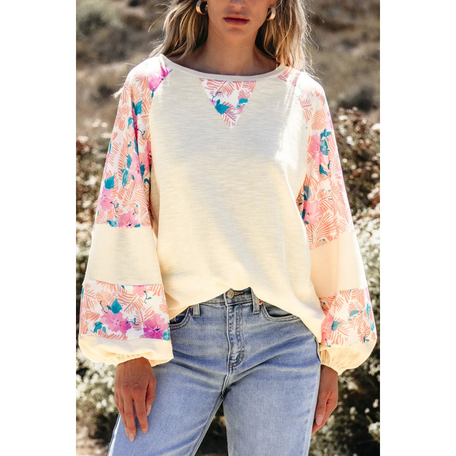 Printed Round Neck Balloon Sleeve Blouse Ivory / S Apparel and Accessories