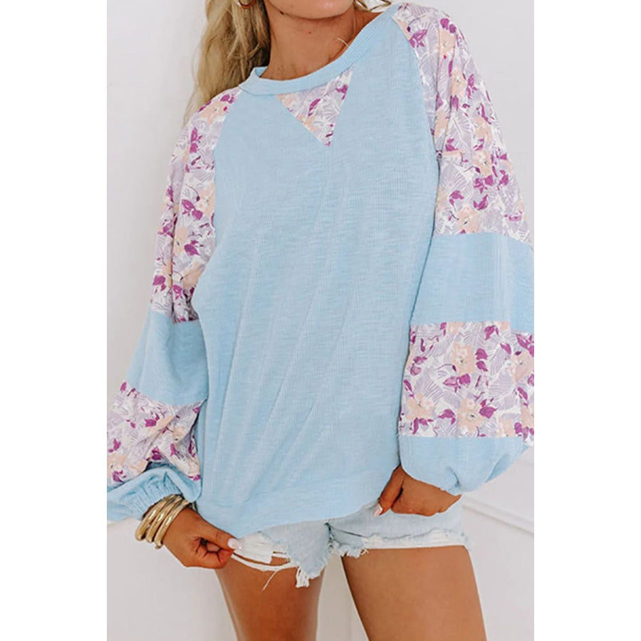 Printed Round Neck Balloon Sleeve Blouse Light Blue / S Apparel and Accessories