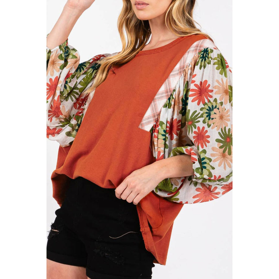 Printed Round Neck Balloon Sleeve Blouse Orange-Red / S Apparel and Accessories